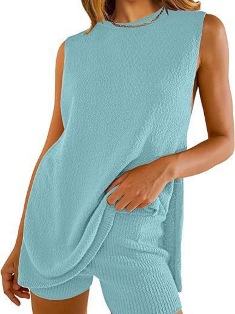 Textured Sleeveless Tank Top &amp; Ribbed Shorts Set