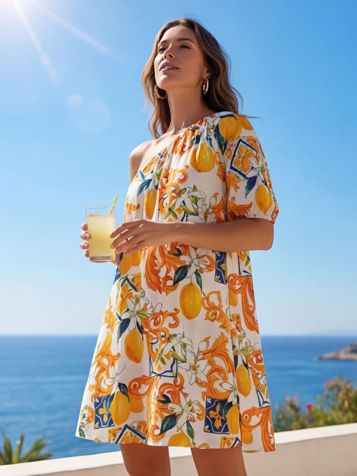 Vacation casual V-neck one-shoulder printed dress