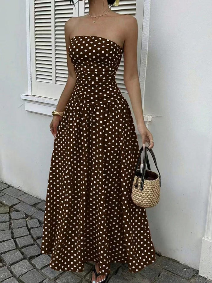 Strapless Ruched Polka Dot Flowy Maxi Dress