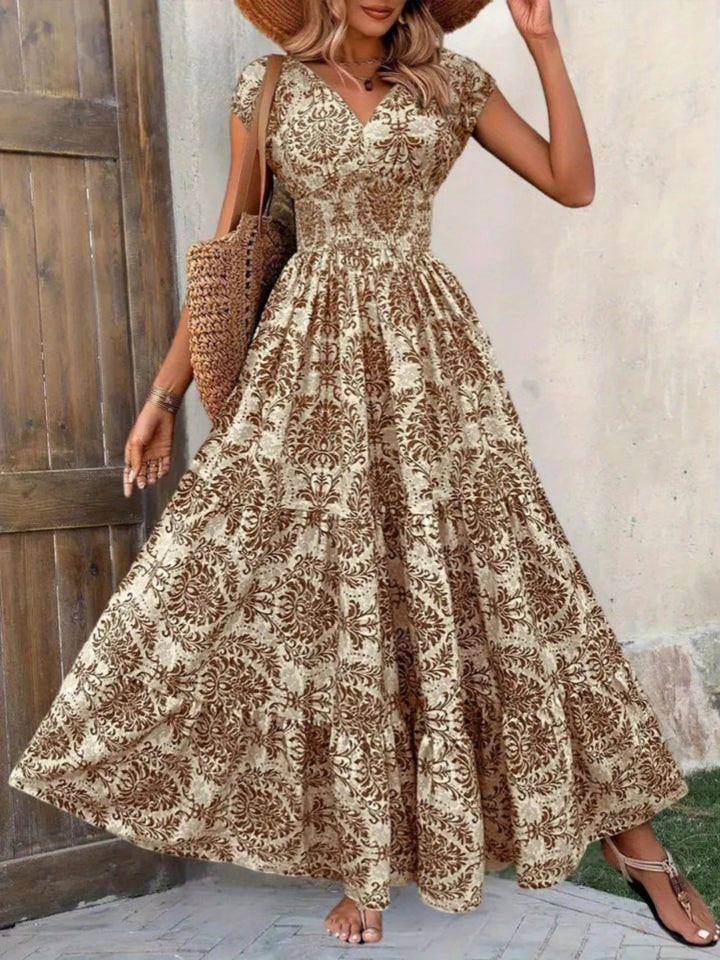 V-neck printed fitted waist maxi dress