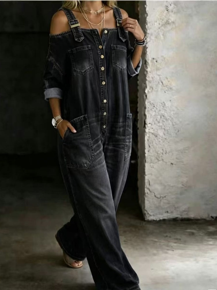 Adjustable Strap Off Shoulder Wide Leg Denim Jumpsuit