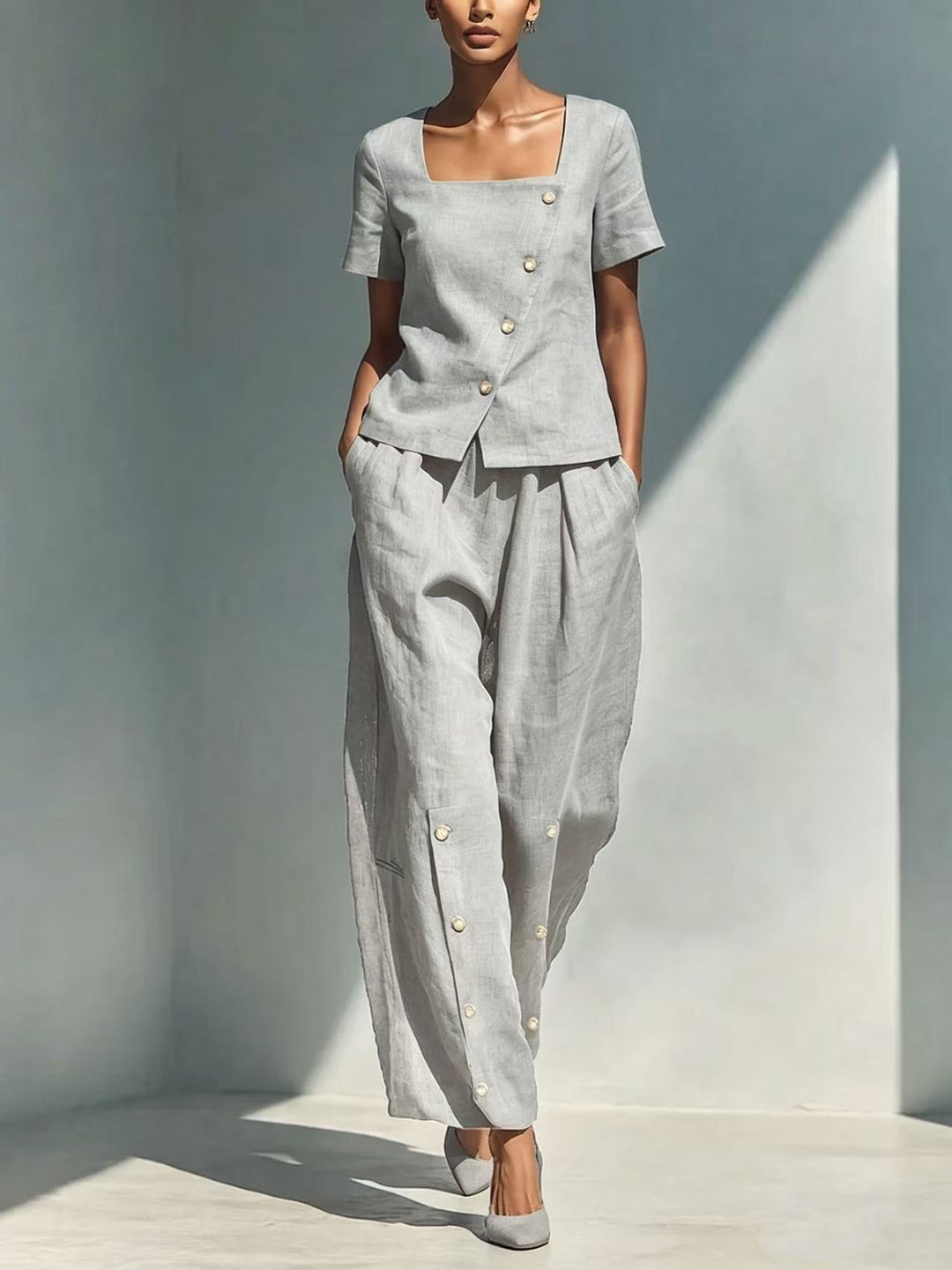 Stylish solid color loose short-sleeved top and high-waisted trousers two-piece set