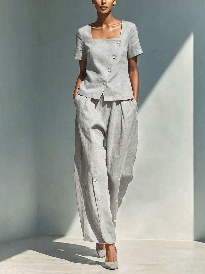 Stylish solid color loose short-sleeved top and high-waisted trousers two-piece set