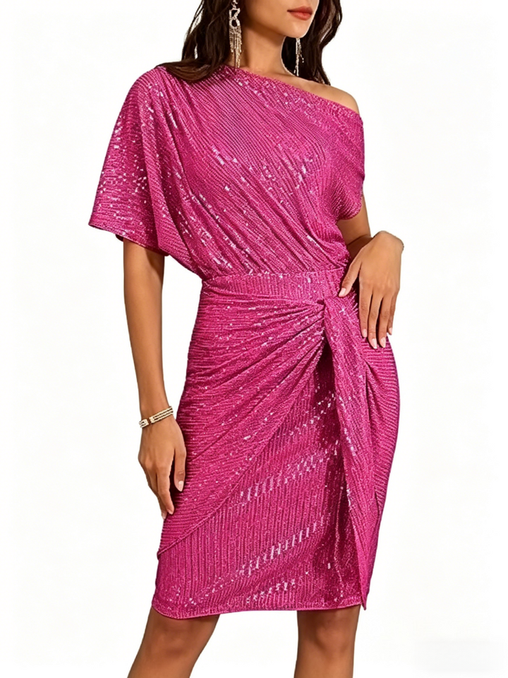 Sequin One-Shoulder Wrap Midi Dress
