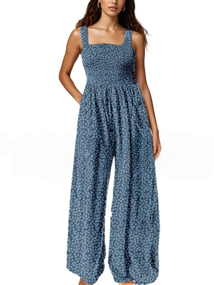 Smocked Square Neck Wide Leg Floral Jumpsuit