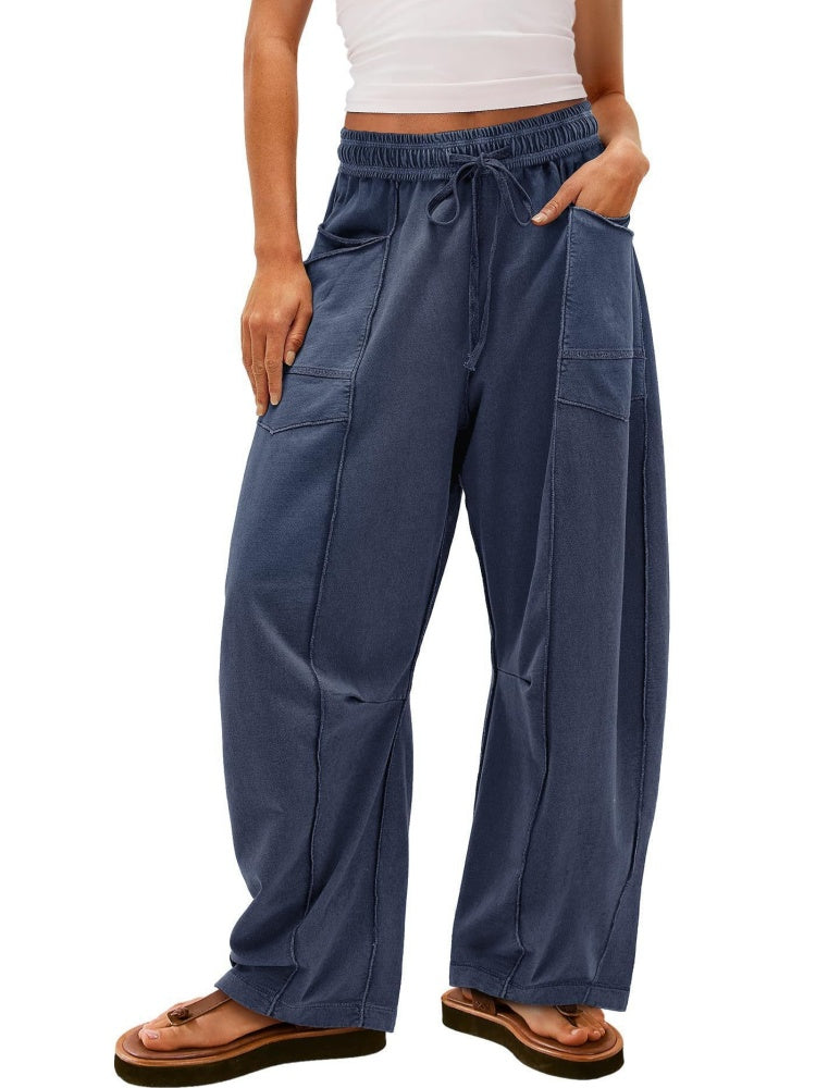 Elastic Waist Contrast Stitch Wide Leg Pants