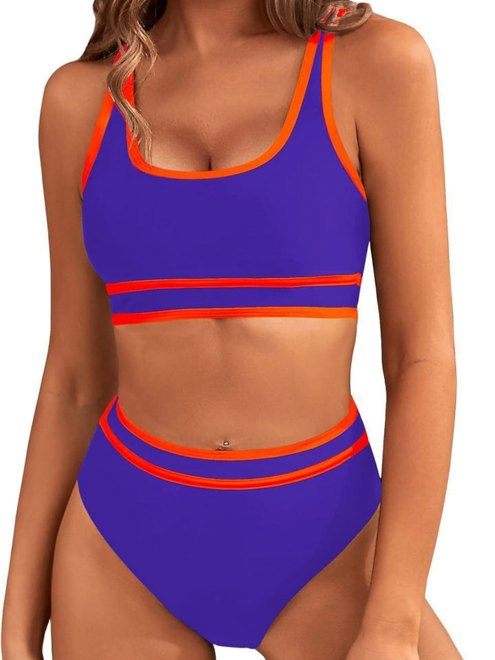 Contrast Trim Stripe High Waisted Bikini Set