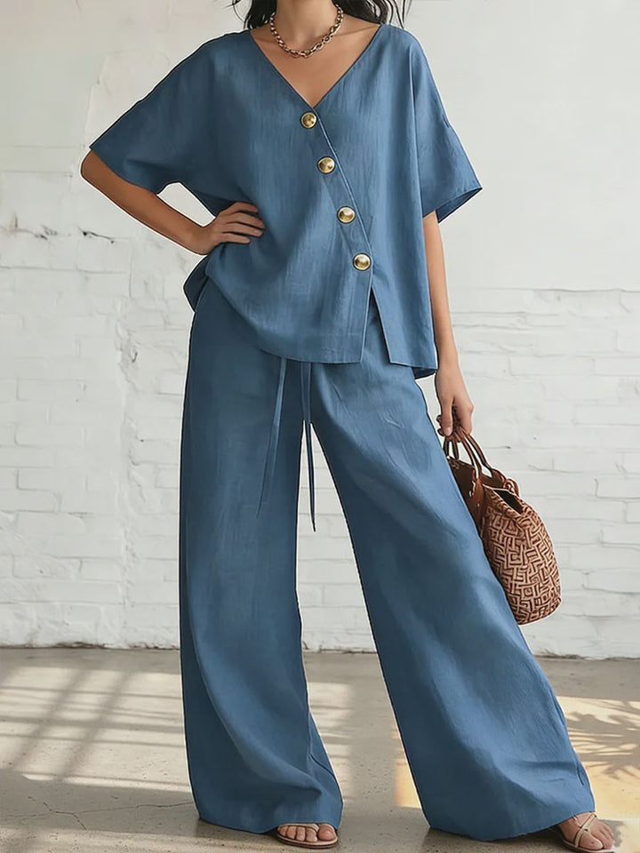 Short-sleeved diagonally buttoned top and drawstring wide-leg pants set