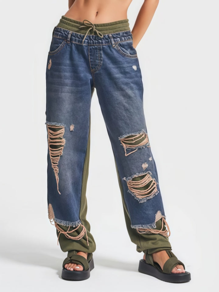 Ripped Contrast Panel Wide Leg Jeans