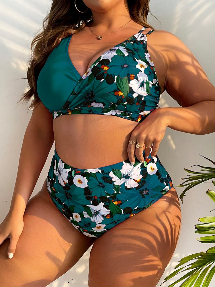 Plus Size Floral High-Waisted Bikini Set