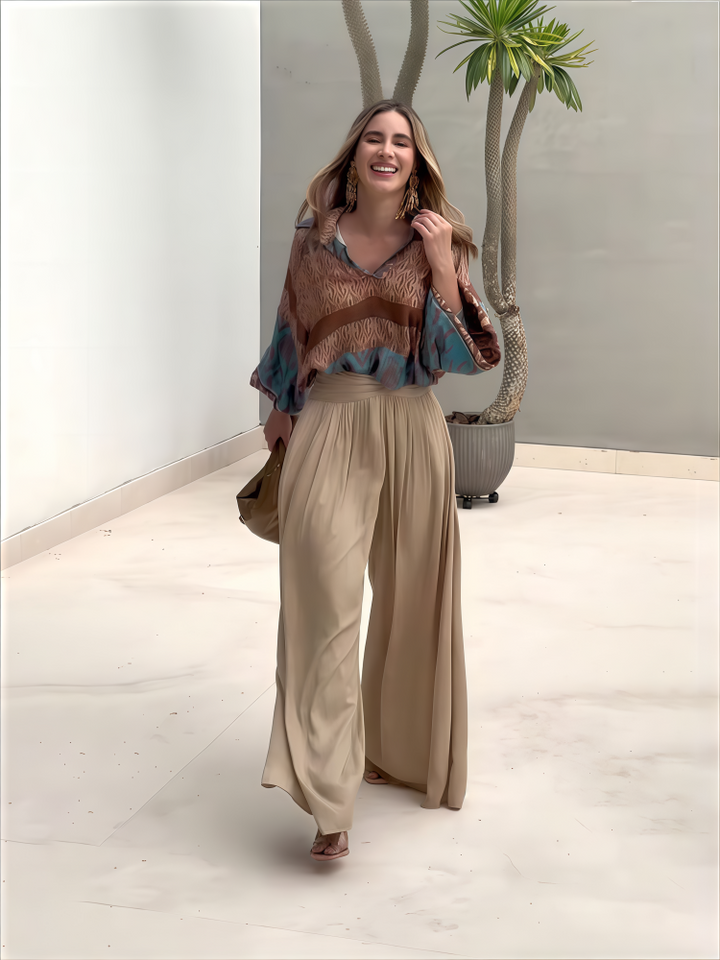 Abstract Print Blouse &amp; Pleated Wide Leg Pants Set