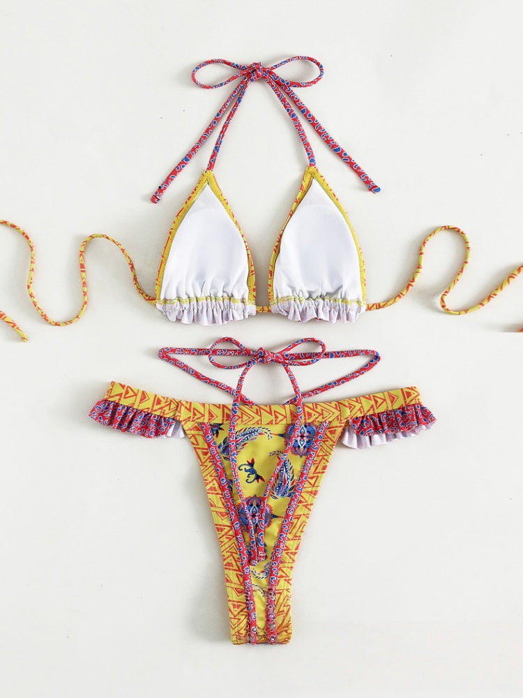Ruffled Paisley Halter Triangle Bikini Set