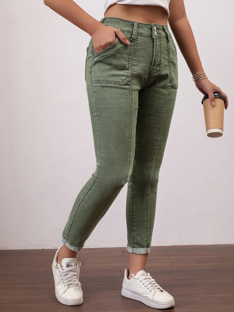 High Waist Army Green Seamed Skinny Cropped Jeans