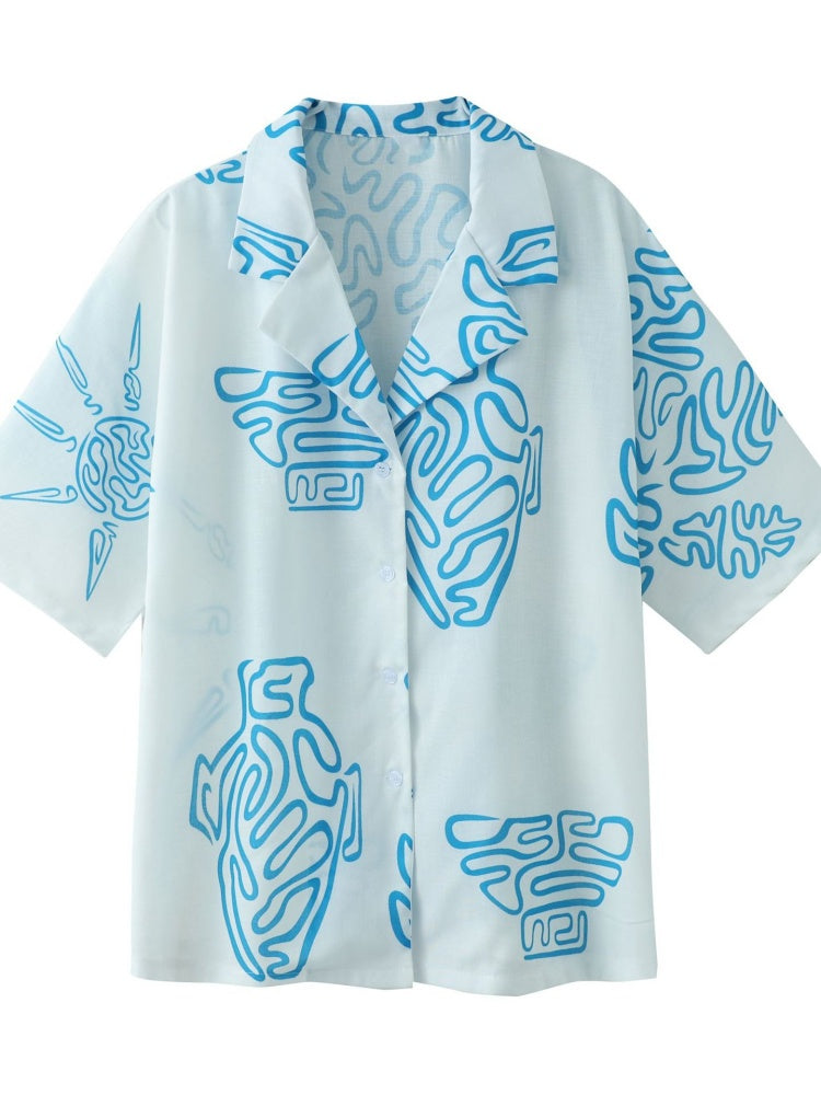 Print Button-Down Shirt &amp; Shorts Set