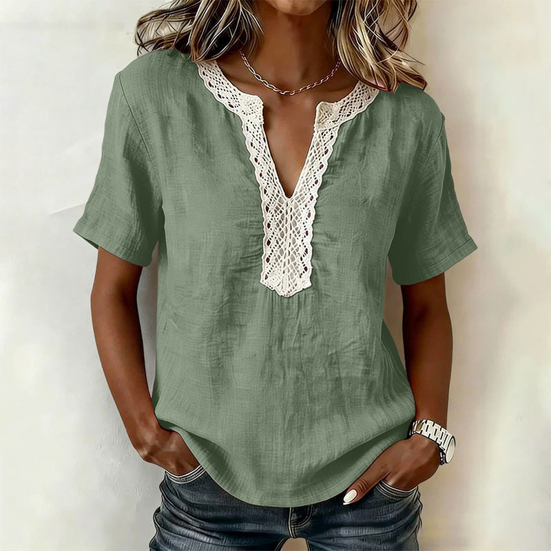 100% Cotton Casual Loose Lace Collar Short-Sleeved Top