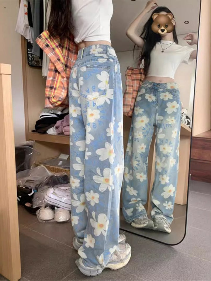 Floral Print High Waisted Wide Leg Denim Jeans