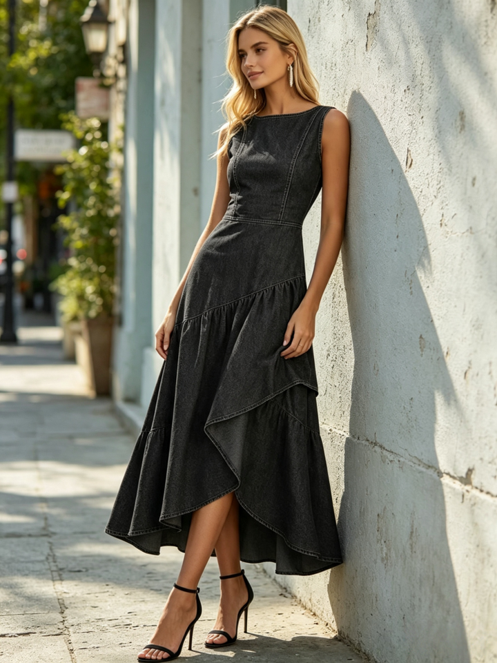 Sleeveless Irregular Ruffle Denim Dress