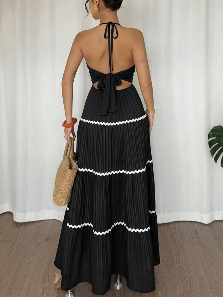 Black Halter Maxi Dress with White Zigzag Trim