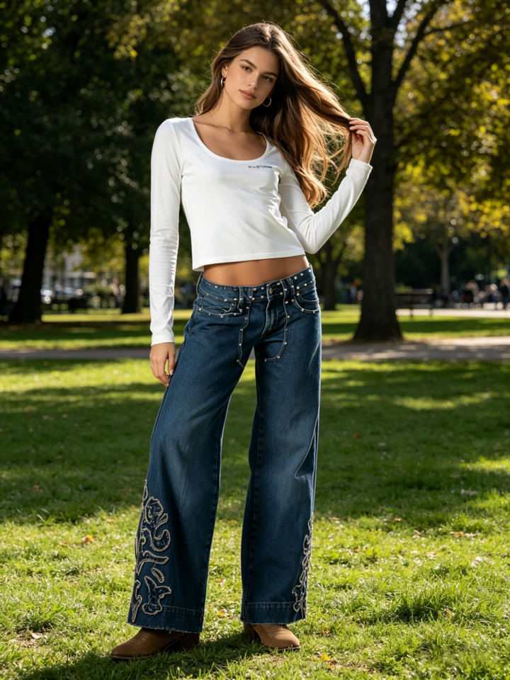 Rivet &amp; Patchwork High Waisted Wide Leg Jeans