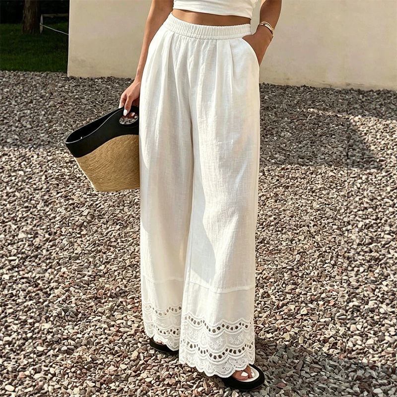 Stylish, loose-fitting, everyday wide-leg pants with lace trim