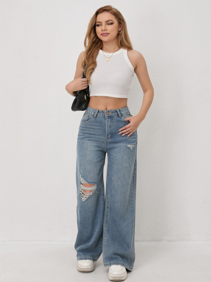 High Waist Hand Ripped Distressed Wide Leg Jeans