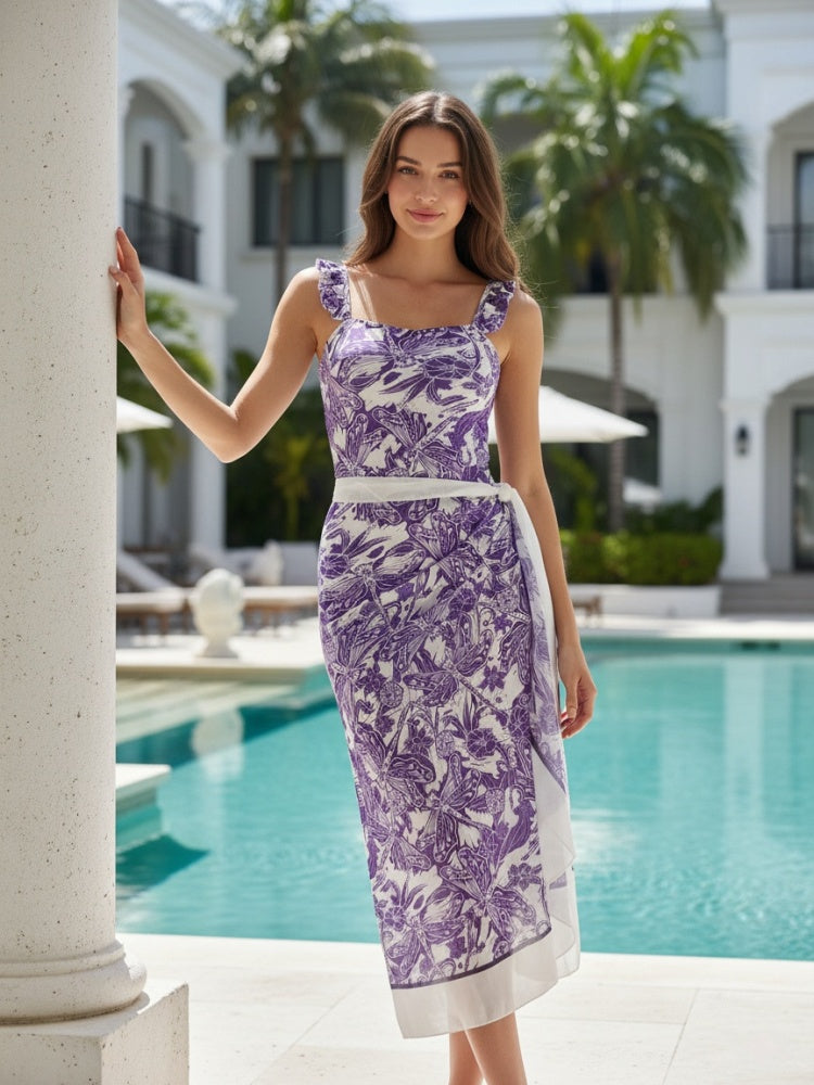 Ruffled Strap Square Neck Printed One Piece Swimsuit &amp; Wrap Skirt Set