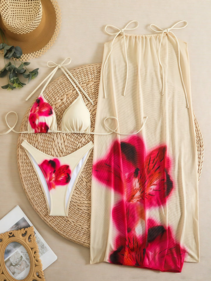 Floral Print Bikini Set with Drawstring Cover Up Skirt