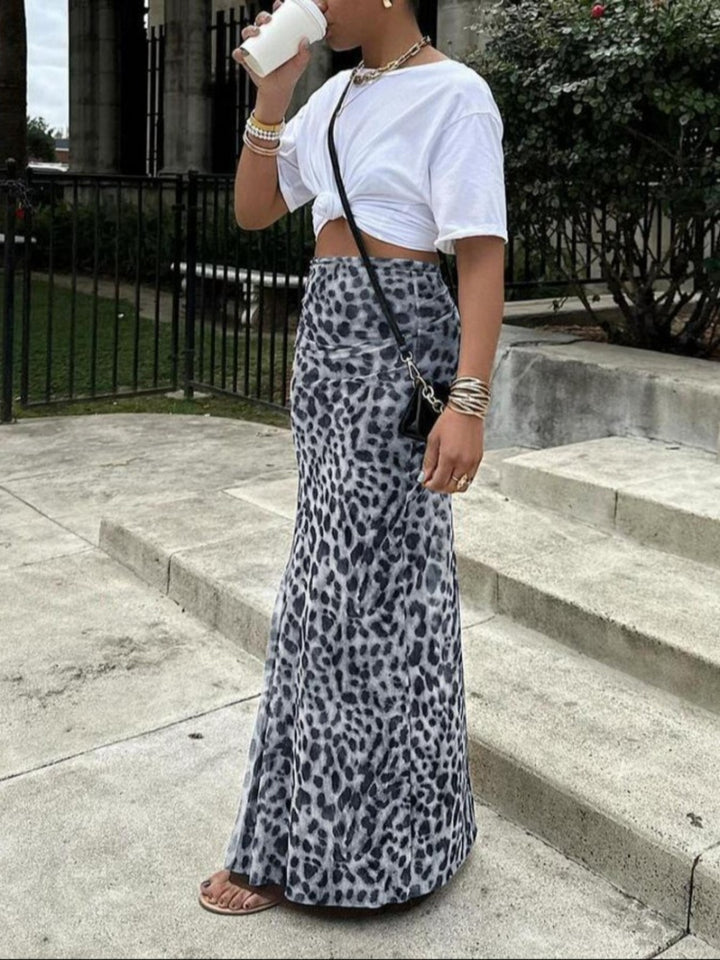 Leopard Print Mesh Mermaid Maxi Skirt