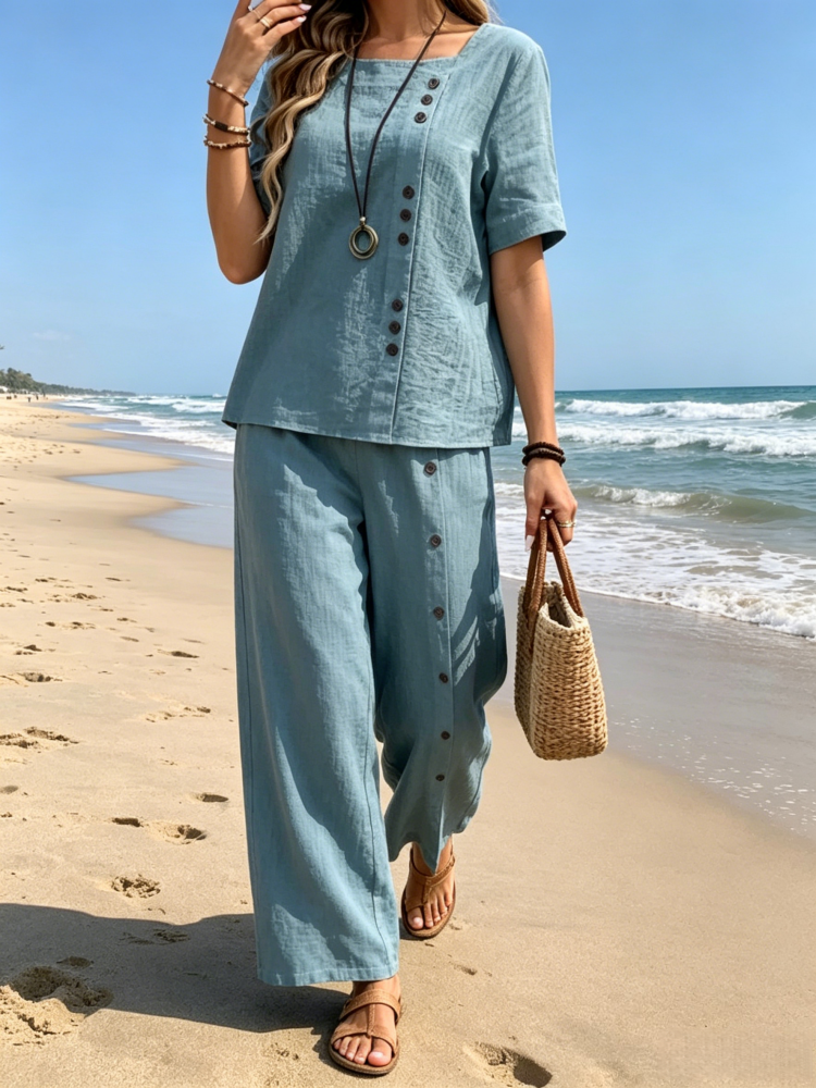 Cotton Linen Two-Piece Set - Button Detail Short Sleeve Top &amp; Wide Leg Pants