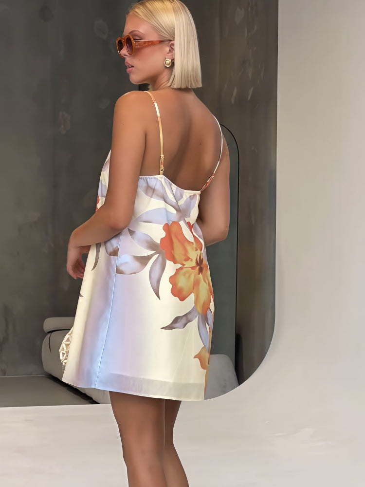 Tropical Floral Print Slip Dress - Spaghetti Strap A-Line Mini Sundress