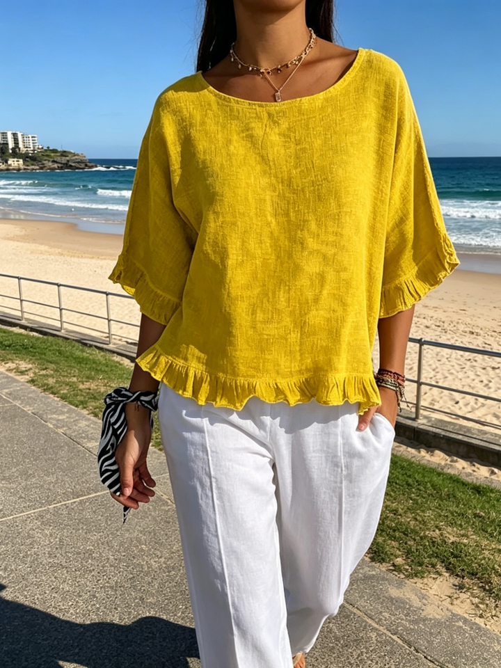 Crew Neck Ruffle Trim Short Sleeve Casual Cotton Blouse