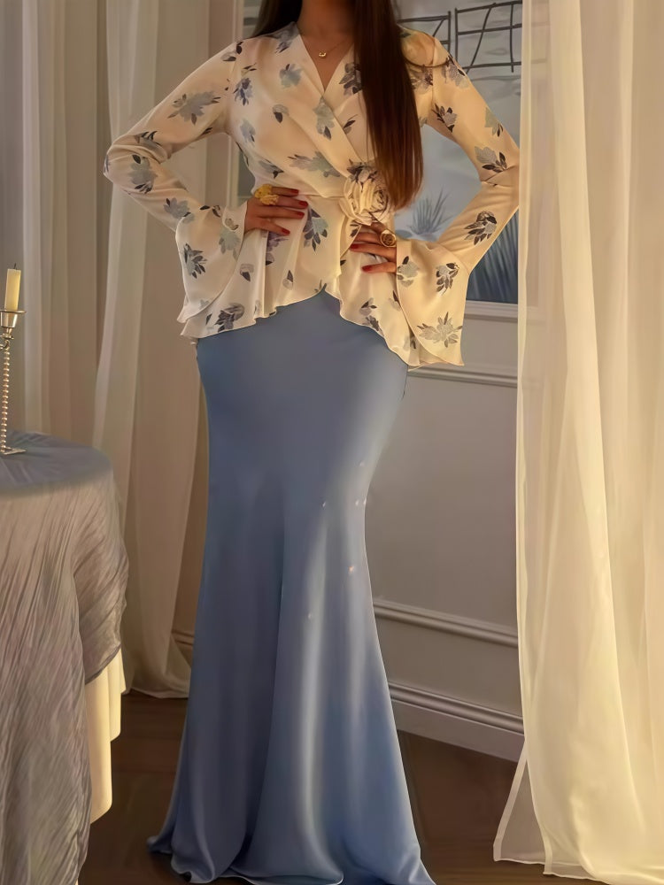 Floral Wrap Top &amp; Mermaid Skirt Two-Piece Set