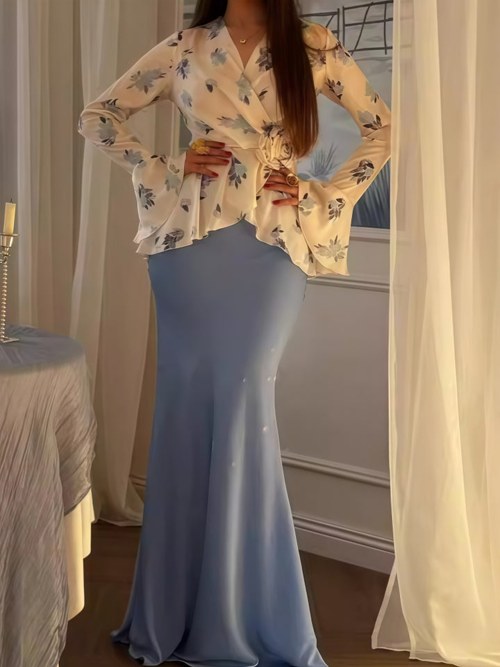 Floral Wrap Top &amp; Mermaid Skirt Two-Piece Set
