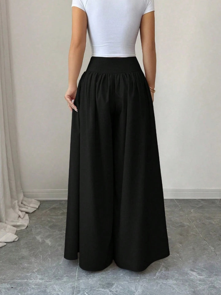 High Waist Button Front Pleated Wide Leg Palazzo Pants