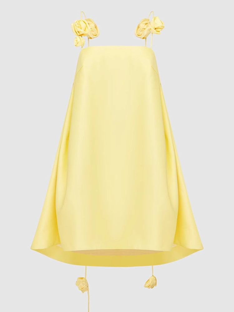 Yellow 3D Flower Appliqué Spaghetti Strap Mini Dress