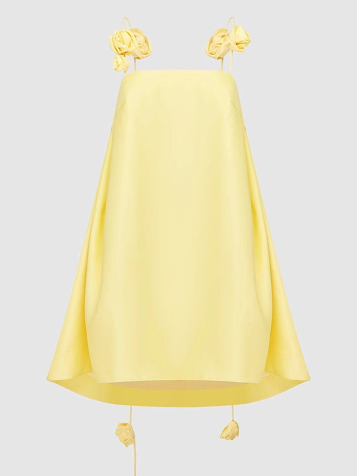 Yellow 3D Flower Appliqué Spaghetti Strap Mini Dress
