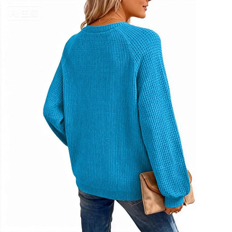 Casual loose-fitting waffle knit long-sleeved pullover top