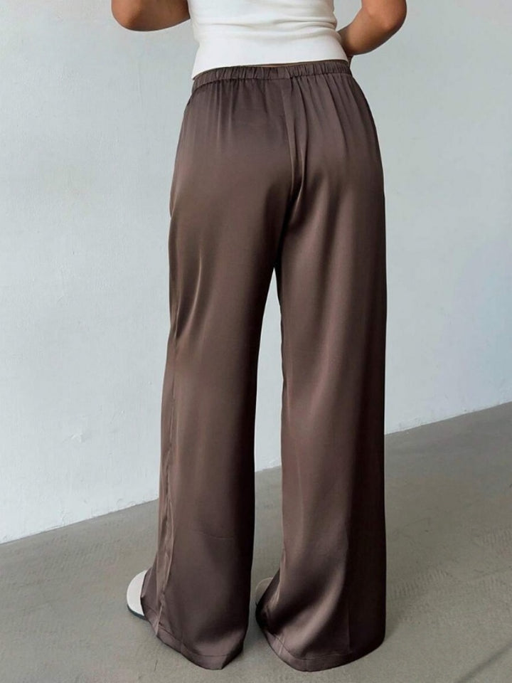 Satin High-Waisted Wide Leg Pants - Elastic Drawstring Flowy Trousers
