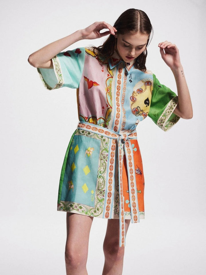 Vintage Marine Print Cotton Linen Shirt Dress - Tie Waist Nautical Mini Dress