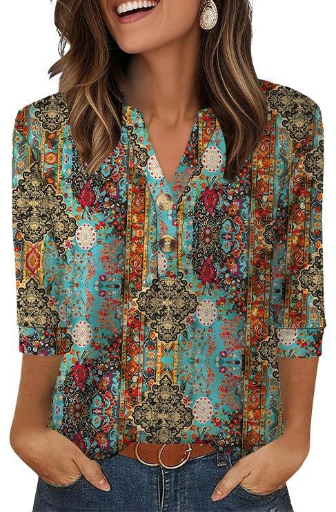 3/4 Sleeve V-Neck Henley Blouse