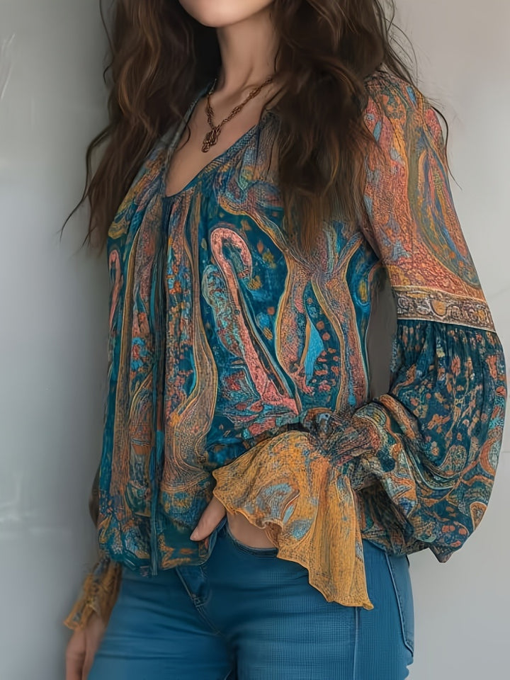 Boho Paisley Print Blouse - V-Neck Long Sleeve Flowy Top