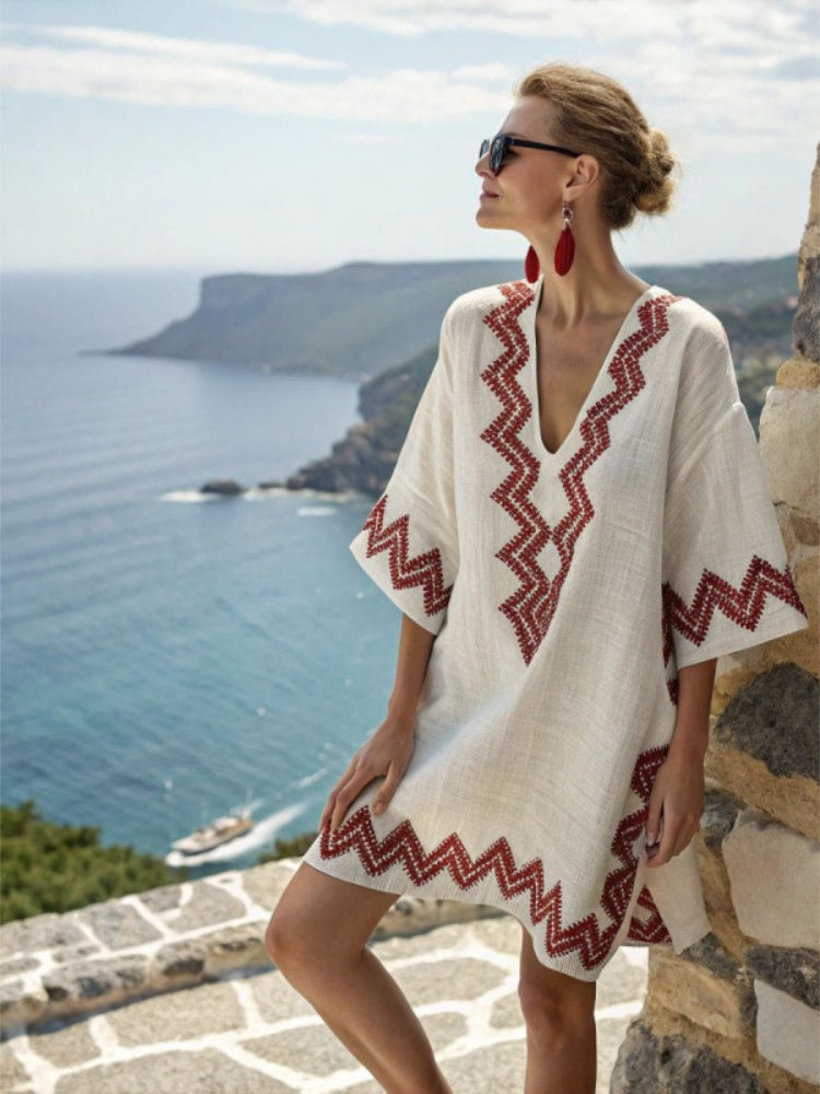 Boho Beach Cover-Up Dress – Lightweight V-Neck Resort Kaftan