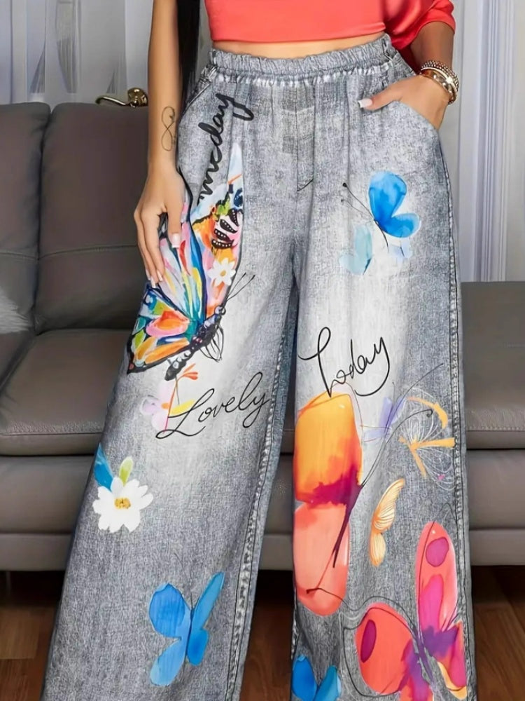 Butterfly Print Wide-Leg Pants | High-Waisted Elastic Waist Casual Trousers