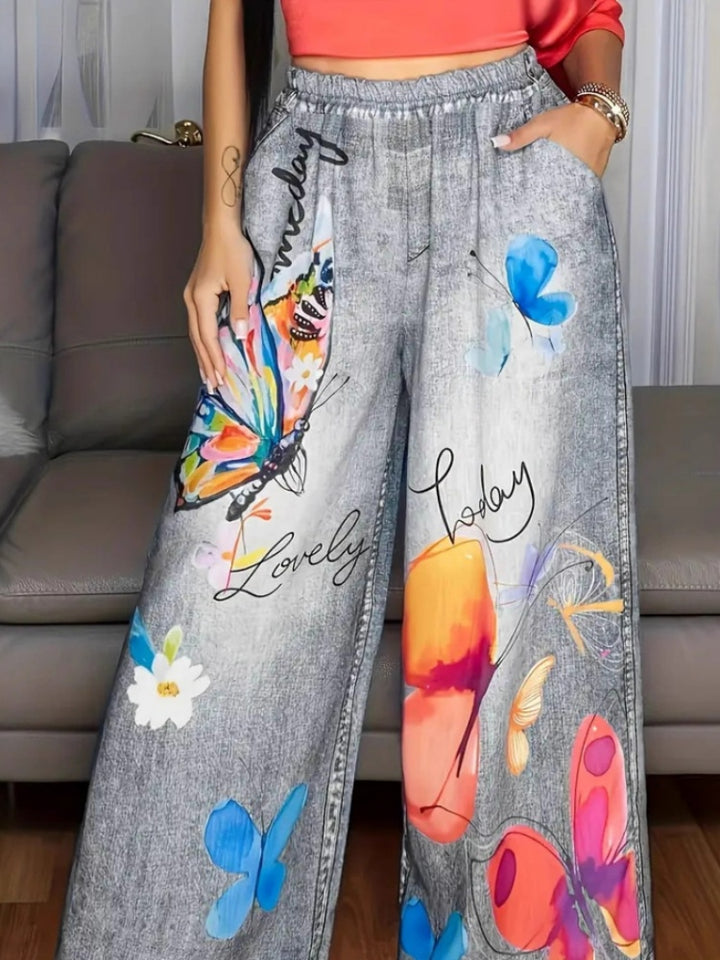Butterfly Print Wide-Leg Pants | High-Waisted Elastic Waist Casual Trousers