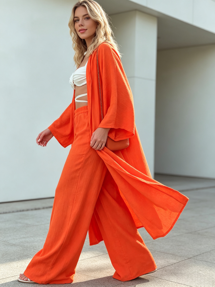 Casual mid-length top and plus-size wide-leg pants two-piece set