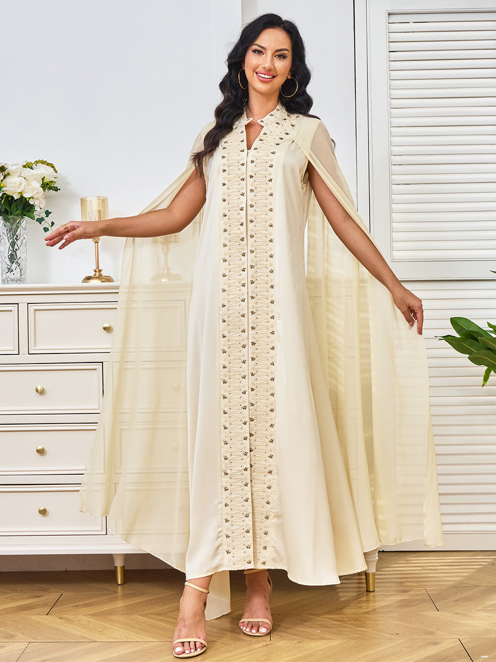 Beige Cape-Sleeve Abaya Maxi Dress with Beaded Embroidery