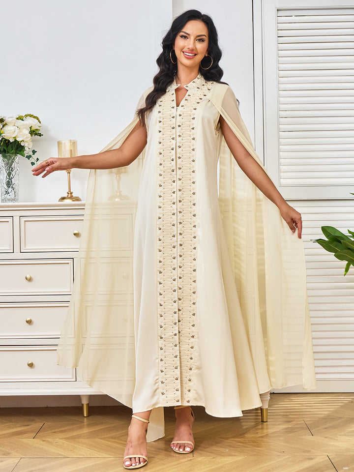 Beige Cape-Sleeve Abaya Maxi Dress with Beaded Embroidery