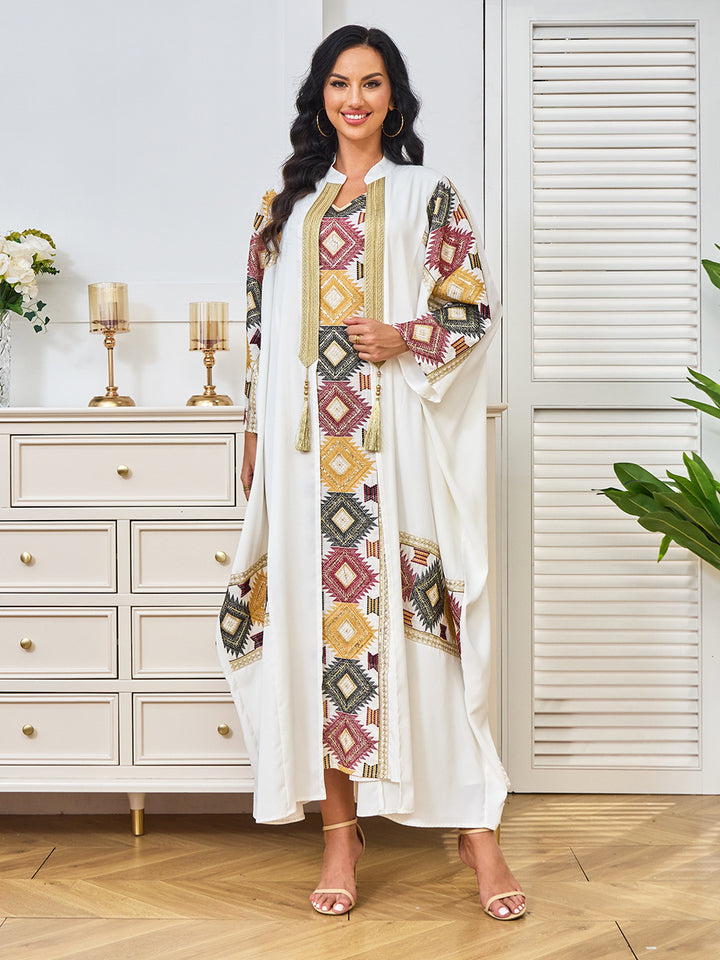 Geometric Embroidered Open-Front Abaya with Inner Dress