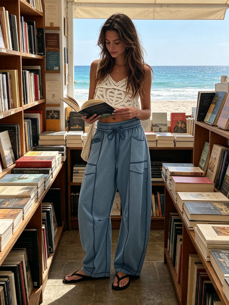 Elastic Waist Contrast Stitch Wide Leg Pants