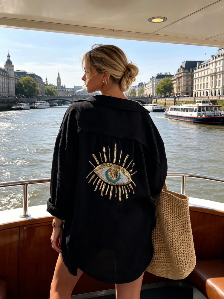 Evil Eye Sequin Print Linen Blend Oversized Shirt